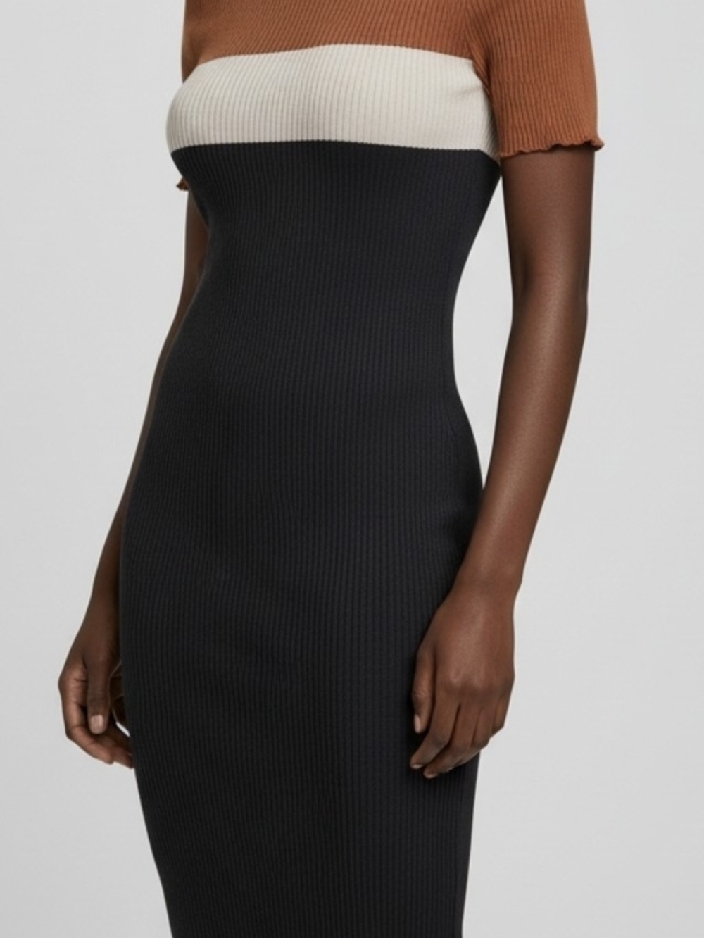 PatPat Ribbed Midi Dress in Black, Cream & Brown
